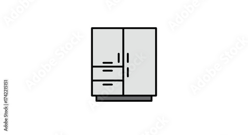 Modern minimalist wardrobe cabinet with drawers and doors icon illustration.