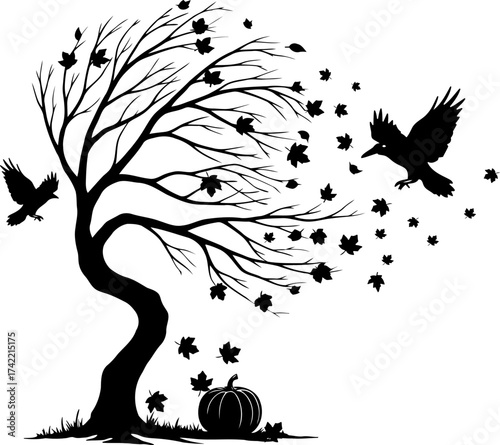 Silhouette of a gnarled tree with falling leaves and two crows in flight