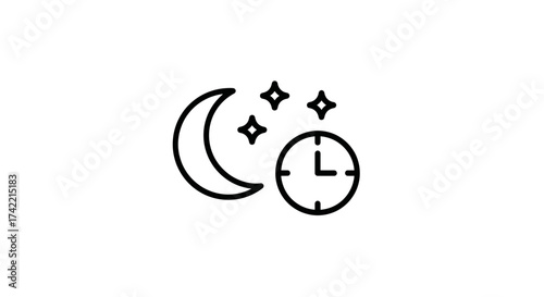 Night time sleep schedule icon with moon stars and clock.