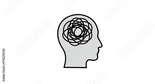 Human head silhouette with tangled lines symbolizing confusion and mental stress.