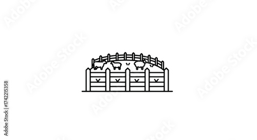 Line art illustration of sheep in a fenced pen on a farm.