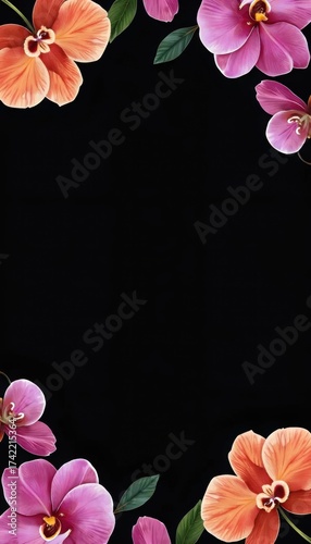 A black background with pink and orange flowers and green leaves.