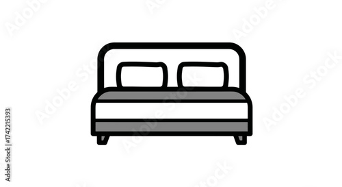 Simple cartoon bed icon with headboard and pillows.