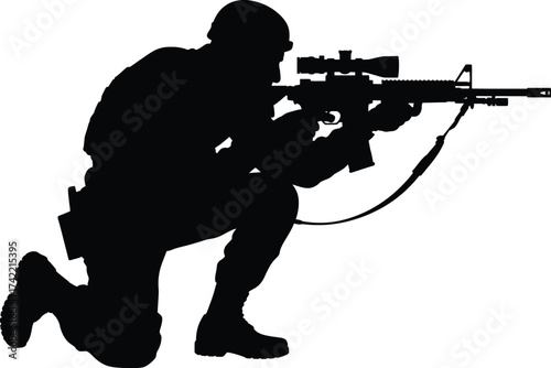 Silhouette of soldier aiming rifle with scope in combat stance