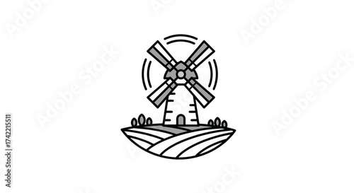Minimalist Windmill Illustration on a Field with Simple Line Art Design.