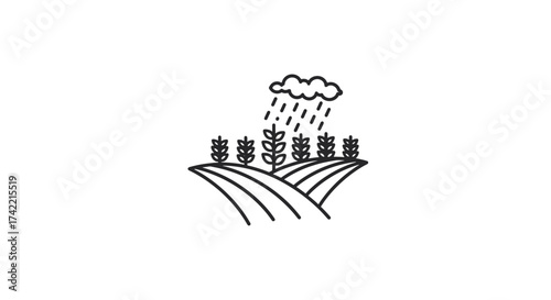 Rain falling on cultivated field with growing crops icon.