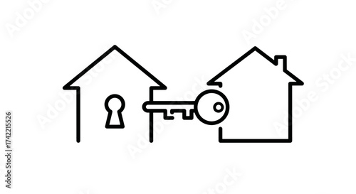 Key unlocking two houses icon representing real estate and property ownership.