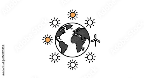 Global renewable energy concept with sun and wind power for sustainable planet.