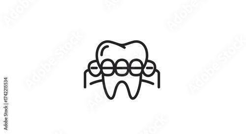 Tooth with dental braces line icon for orthodontics and dental care.