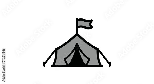 Simple camping tent icon with flag on top for outdoor adventure.