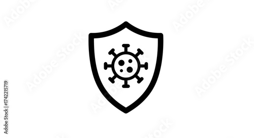 Shield with virus icon representing protection immunity and health safety.