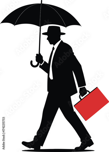 Man in suit with umbrella and red briefcase walking in rain silhouette