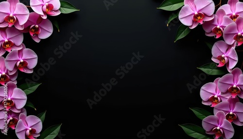 A black background with a border of pink orchids and green leaves.