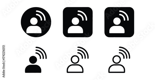  Communication signal icon set – stylized person with broadcast lines in black and white for connectivity, messaging, and digital interaction