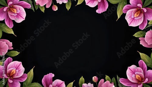 A black background with pink flowers and green leaves.