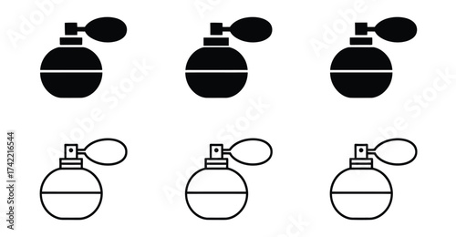 Vintage perfume bottle icon set – stylized atomizer silhouettes in solid and outline for fragrance, beauty, branding, and cosmetic design 