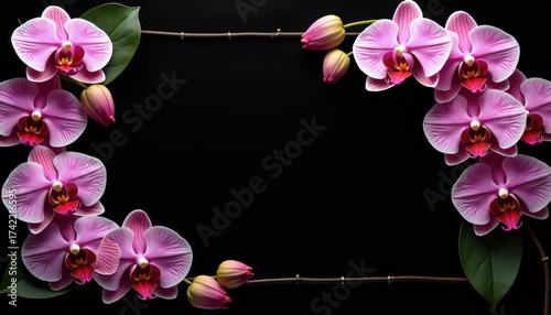 A border of pink orchids on a black background.