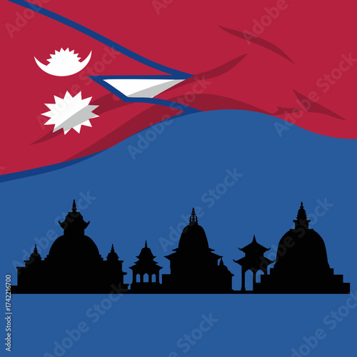 Nepal flag with black silhouette of stupas and temples.