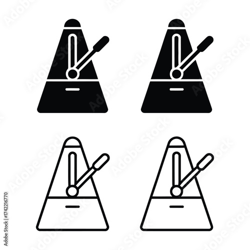 Stylized metronome icon set — black and white triangular tempo devices with pendulum arm in solid and outline styles for music and design