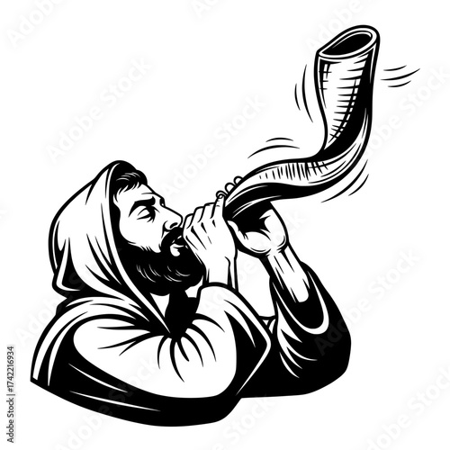 Wishing a blessed yom kippur , man blowing shofar in black and white vector illustration vector , icon