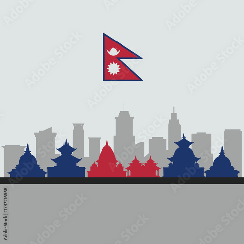 Nepal skyline silhouette with the national flag above it.