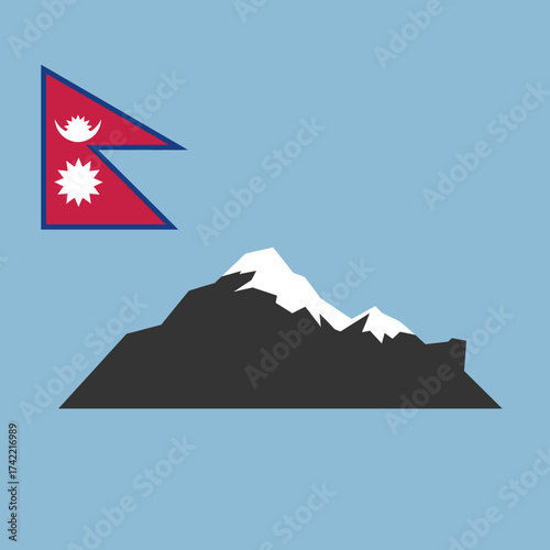 Nepal flag with mountain range on a light blue background.