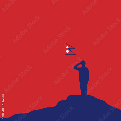Silhouette of soldier saluting the nepal flag on a mountain.