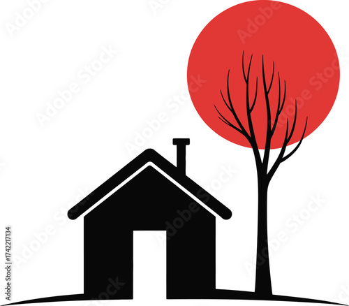 Simple black silhouette of a house and bare tree against a large red circle silhouette