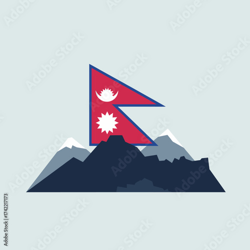 Flag of nepal on top of the mountain range, vector illustration.