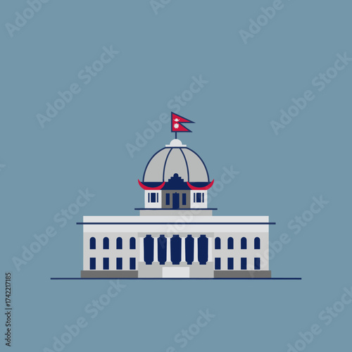 Nepal parliament building with national flag on the top dome.
