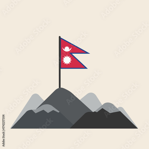 Nepal flag on mountain peak, national symbol of nepal.