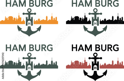 Nautical city skyline with anchor emblem, representing maritime heritage and urban landscape.