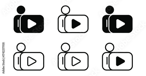 Minimal and bold user-video interaction icons set — media play button with human figure in outline and solid styles for UI/UX design