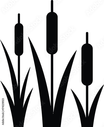Simple black silhouette of cattails growing in a marshy wetland area silhouette