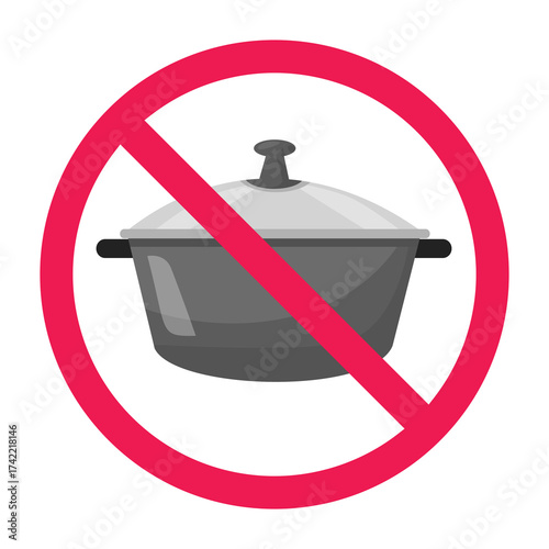 No pot sign, forbidden sign with cooking pot icon, red crossed circle symbol, flat vector illustration