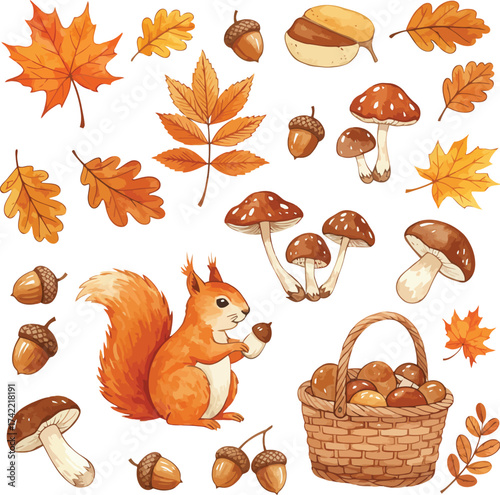 Cute autumn squirrel with acorns mushrooms and falling leaves