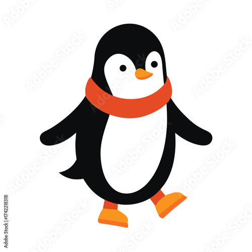 Cute cartoon penguin wearing an orange scarf walking happily in winter
