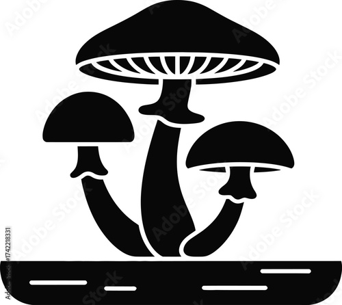 Simple black silhouette of three mushrooms growing on a log against a white background
