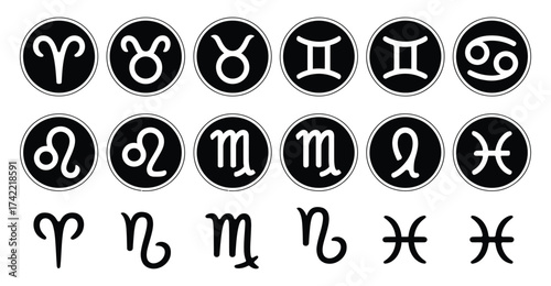  Zodiac symbol icon set – stylized black and white astrology signs in circular and outline styles for horoscopes, mysticism, and celestial design