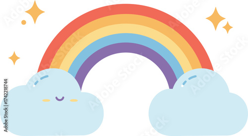 Charming rainbow arch with happy clouds and twinkling stars for joyful designs isolated on transparent background
