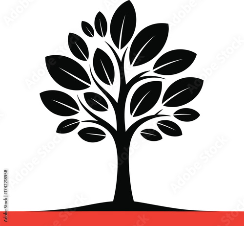 Stylized black silhouette of a leafy tree with a strong trunk on a white background silhouette