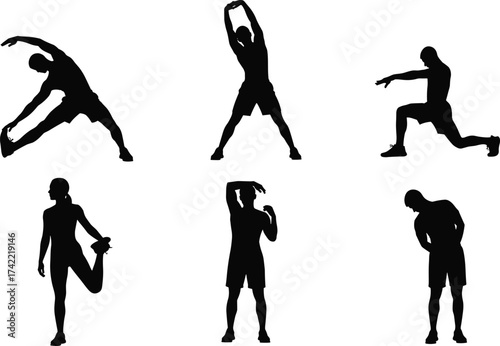 Silhouette of people stretching before workout, fitness exercise poses, warm up routine, healthy lifestyle, body flexibility and gym training illustration