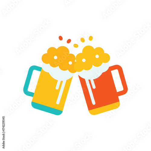 Two colorful beer mugs clinking together with foamy heads and celebratory confetti. beer mug icon.