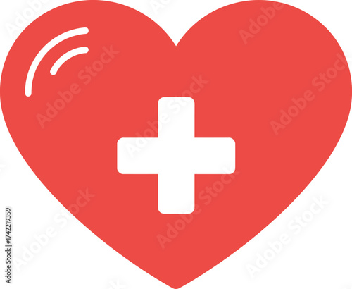 Red heart with white medical cross symbol for health care and emergency services isolated on transparent background
