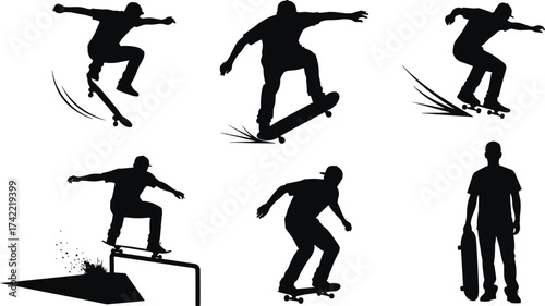 Silhouette of skateboarder performing tricks, urban street sport action, skateboarding stunts, balance, motion, youth culture, extreme sport lifestyle illustration