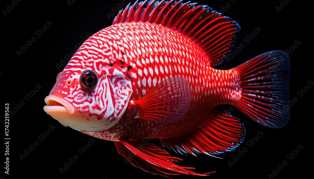 Fototapeta premium Vibrant Red Fish on Black Background with Aquatic Life, and Closeup.