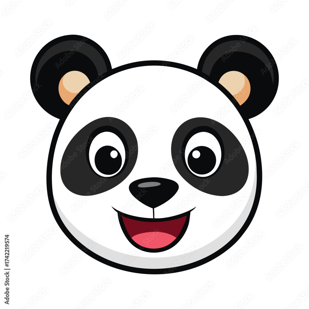 Fototapeta premium Cute cartoon panda face with happy expression and black and white markings isolated on white background. bear head cartoon character.
