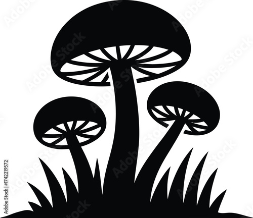 Three stylized mushrooms and grass depicted in a bold black silhouette against a white background