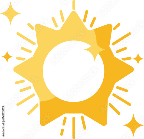 Bright golden sun icon with sparkling rays and stars for celestial and weather themes isolated on transparent background