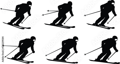 Silhouette of skier performing downhill skiing with poles, winter sport athlete in motion, extreme snow slope skiing vector illustration art